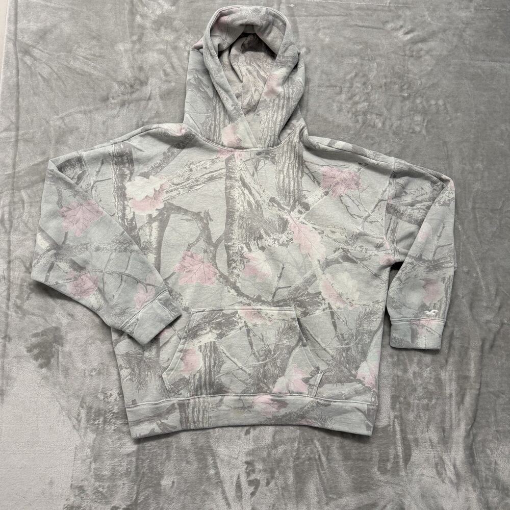 Hollister Womens Feel Good Oversized Camo Hoodie Pink Grey Tree Sweatshirt L